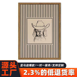 亚马逊热销美式西部牛仔狗装饰画  复古条纹宠物客厅卧室墙面挂画