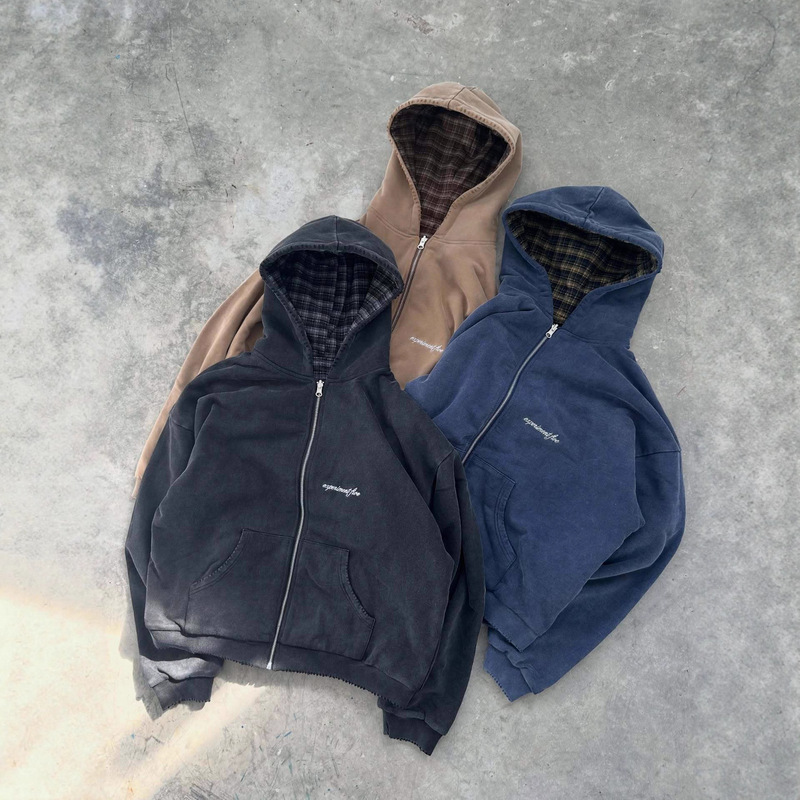 European and American Cross-Border Ins Style Lining Double-Sided Sweatshirt Men's Autumn and Winter Street Fashion Hooded Cardigan Sweatshirt