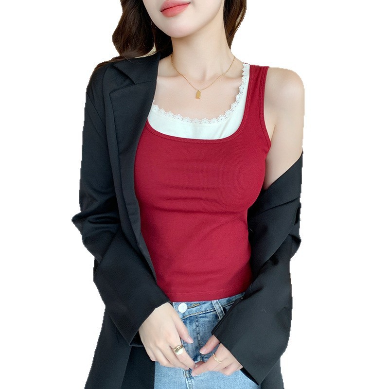 秋冬新款假两件蕾丝边磨毛保暖背心女带胸垫内搭外穿无袖保暖上衣|undefined