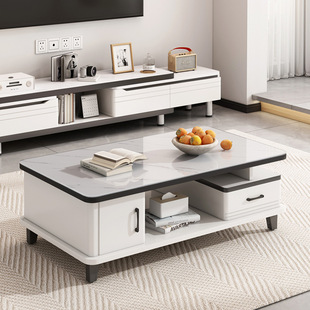 Tea table table TV cabinet set living room tempered glass tea table home use simple modern stone board light luxury tea table