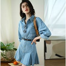 减龄气质荷叶边衬衫牛仔连衣裙女春秋冬短款外套收腰显瘦背带短裙