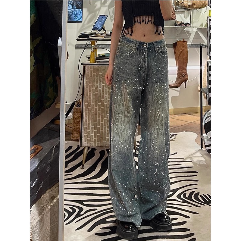 American Retro Design Rhinestone Jeans for Women New Style Heavy Starry Sky Millennium Hot Girl Sparkling Long Pants