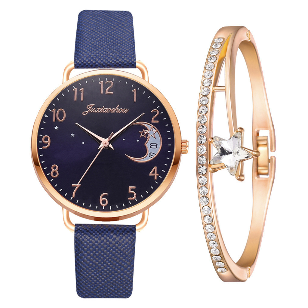 new hot women's personality quartz watch set Pu with moon pattern dial with calendar_voghion.com