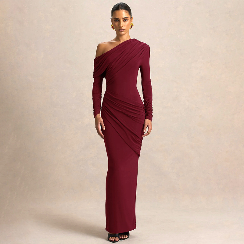 J25Ds374 European and American Women's Clothing Cross-Border Autumn and Winter New Pure Color Elegant Slim Asymmetrical Neckline Pleated Dress
