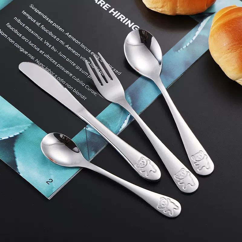 卡通儿童餐具刀叉勺子茶勺套装四件套小熊图案不锈钢餐具可定logo