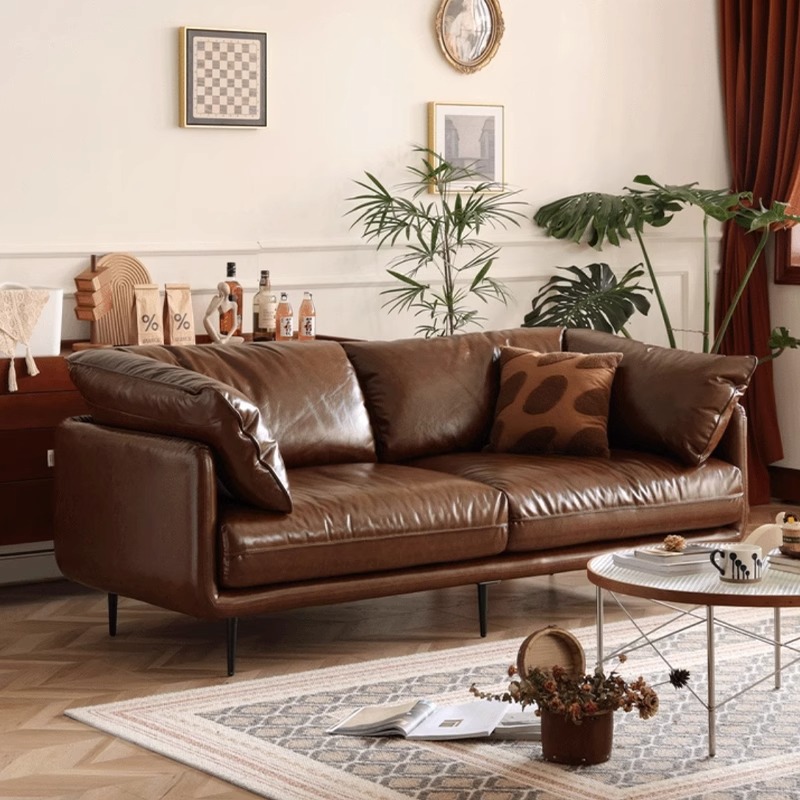 Foshan Factory Retro Leather Sofa Cowhide Living Room Italian Designer Straight Row Small Apartment Hug Leather Sofa