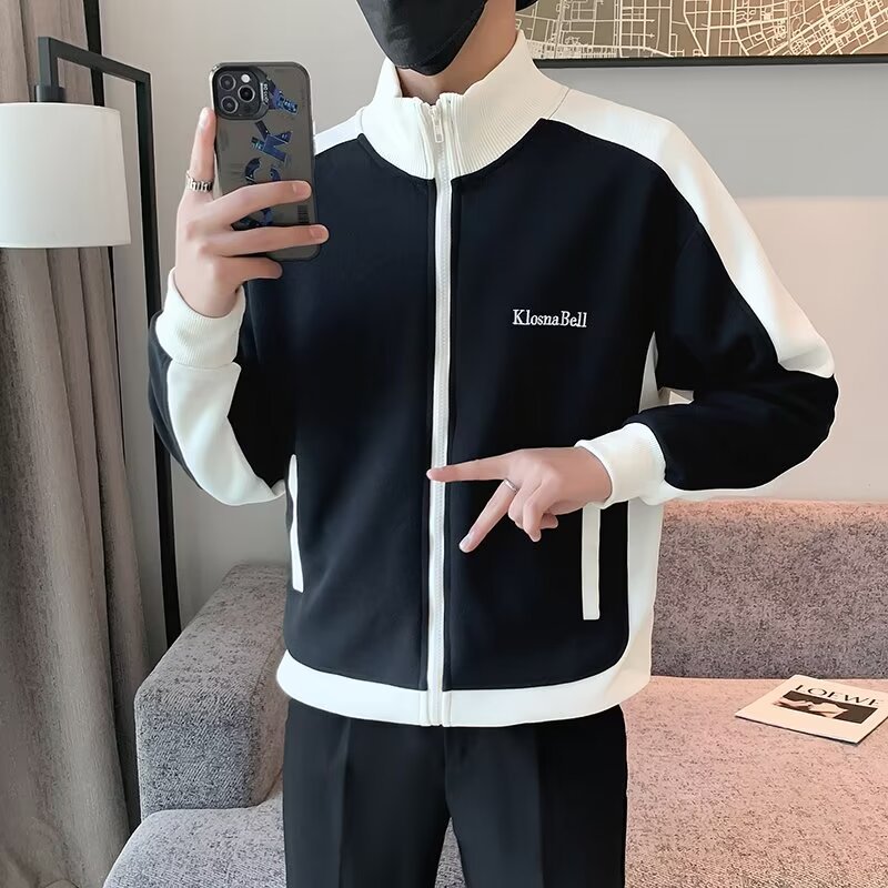Slim Fit Men's Jacket With Stand Up Collar And Contrast Zipper_voghion.com