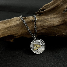 925银做旧骷髅圆币吊坠男泰银币复古街头潮嘻哈圆牌硬币挂坠配饰