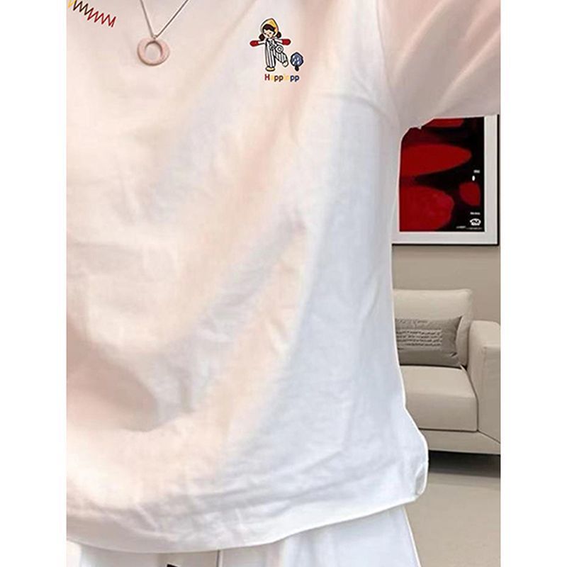 White Right Shoulder Pure Cotton Long-Sleeved T-Shirt for Women Autum New Style Slim Bottoming Shirt Fashionable Printed Top