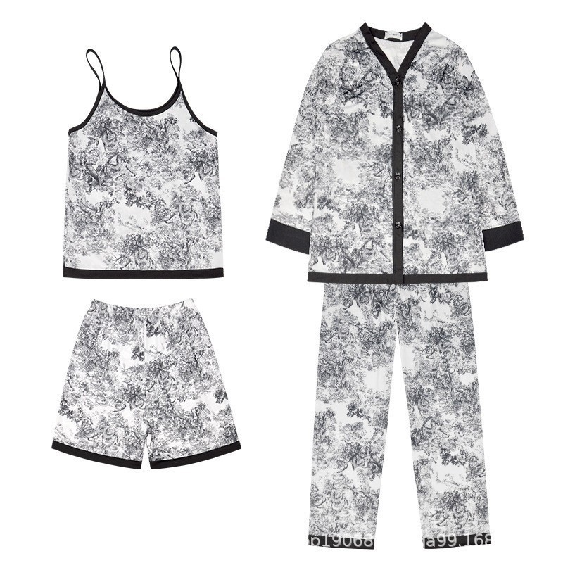 Spring and Summer New National Fashion Ink Painting Home Clothes Long Printed Ice Silk Pajamas High Sexy Fashion Four-piece Suit Spring and Summer New National Fashion Ink Painting Home Clothes Long Printed Ice Silk Pajamas High Sexy Fashion Four-piece Suit