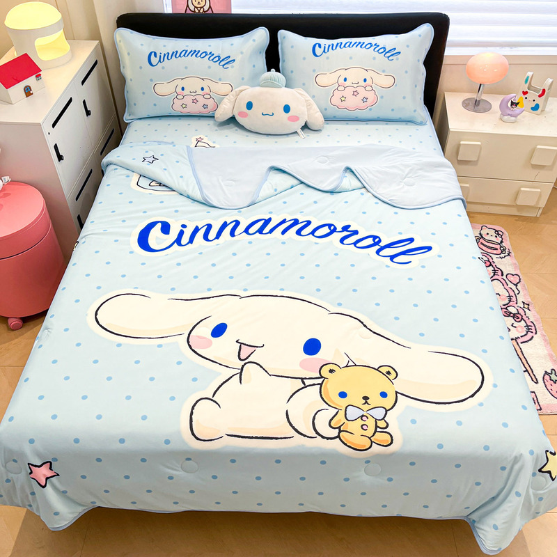 Sanrio Class A Ice Silk Cooling Mat Bed Sheet Three-Piece Set, Washable Imitation Nylon Cartoon Summer Cooling Blanket for Children, Air-Conditioned Mat
