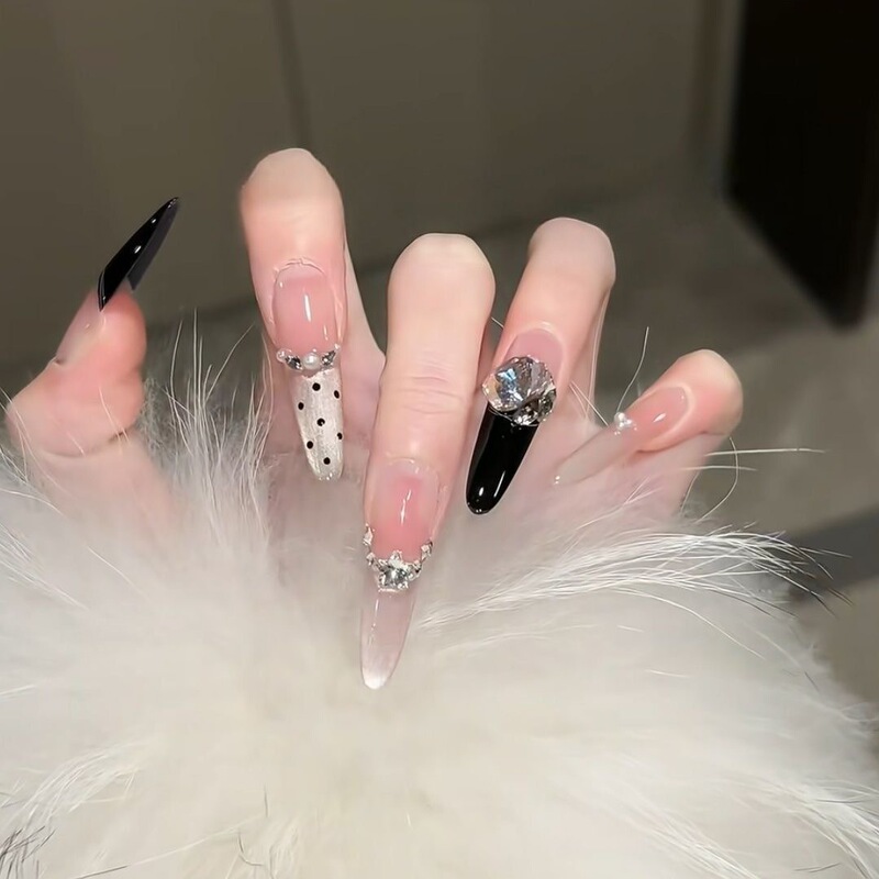 Long Pointed 4.0 Wearable Nails, Champagne Gold Manicure, Black Sparkling Cat Eye Polka Dots, Detachable Handmade Nail Pieces