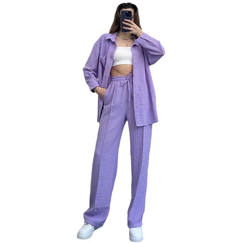 Conjunto de estilo europeo americano, camisa de manga larga holgada de comercio exterior, pantalones largos de primavera y moda, para mujer._voghion.com