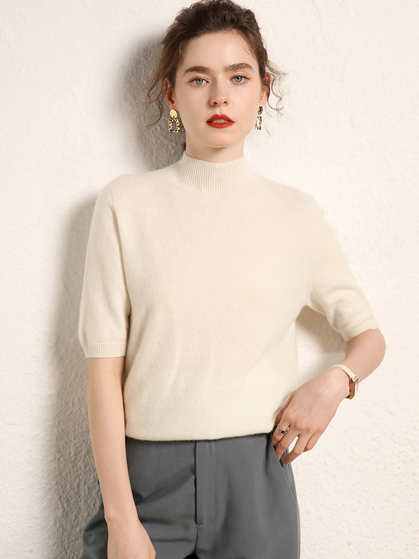 Early Autumn New Half-high Collar Mountain Cashmere Sweater Women's Knitted Base Shirt Pullover Loose Sweater with Half Sleeve Line