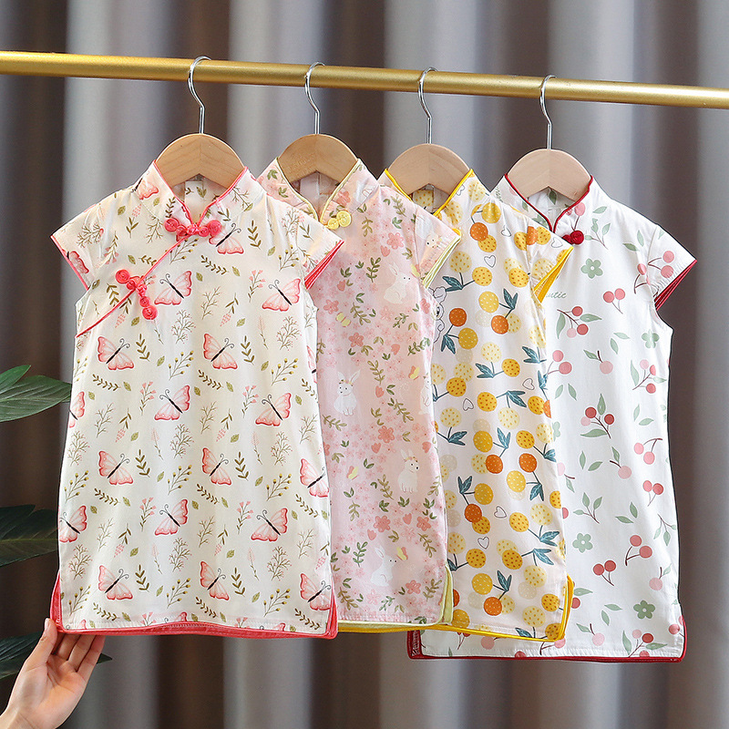 Women's 2023 Summer New Short-sleeve Cheongsam Children's Dress Performance Baby Skirts Republican Retro Chinese Style