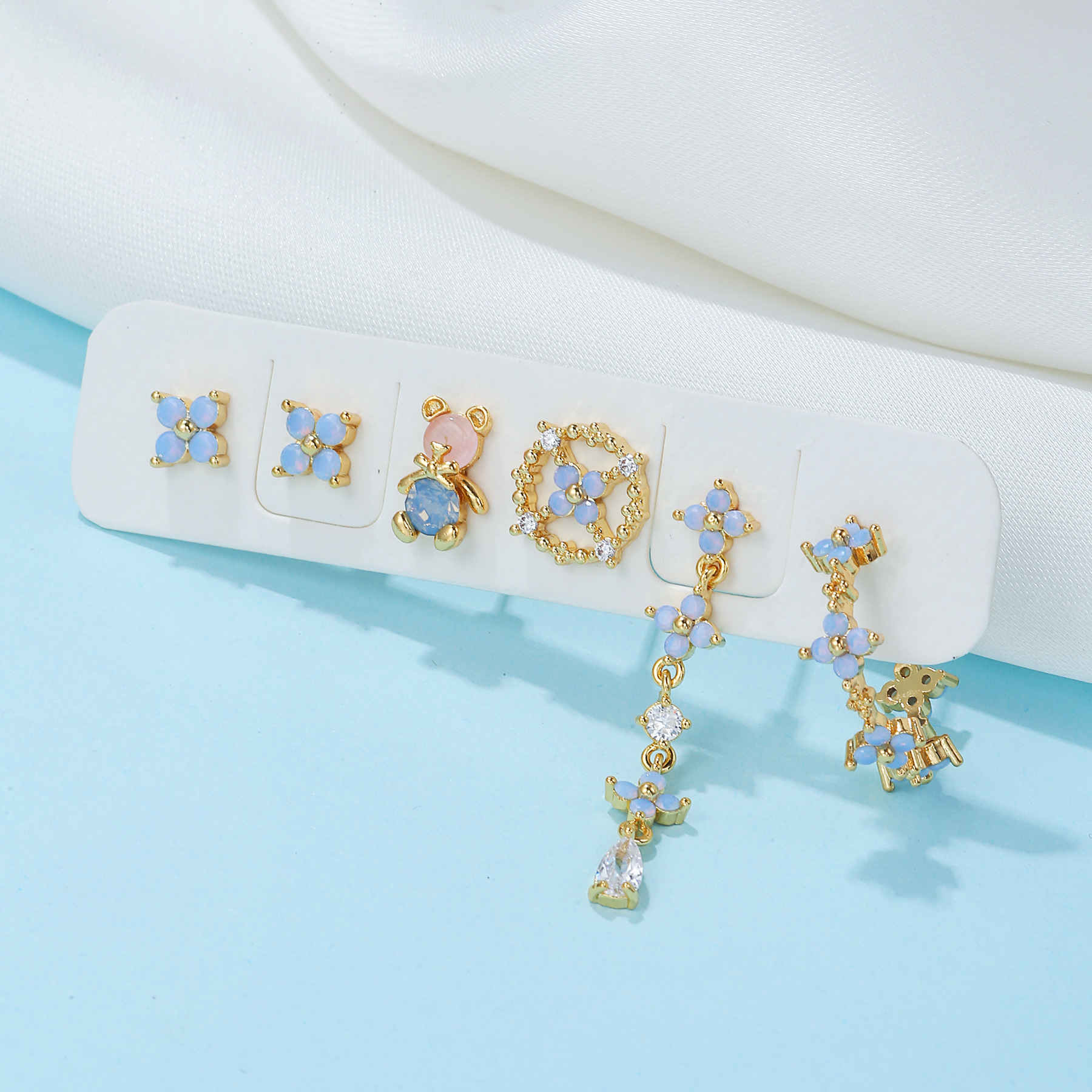 Fashion Bear Flower Brass Earrings Inlay Artificial Gemstones Copper Earrings