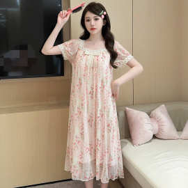 带胸垫新款睡衣蕾丝网纱简约休闲短袖宫廷公主风家居服睡裙