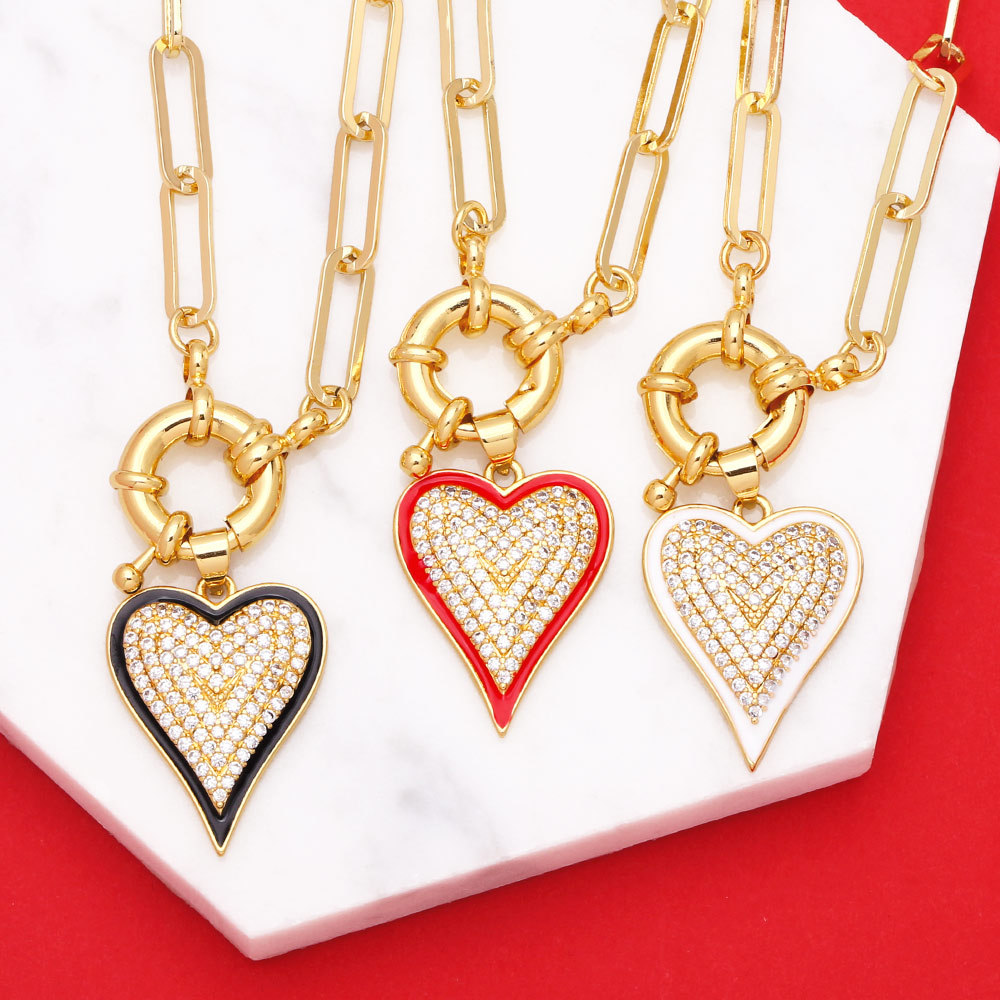 hip-hop thick chain heart-shaped pendant copper inlaid zircon necklace