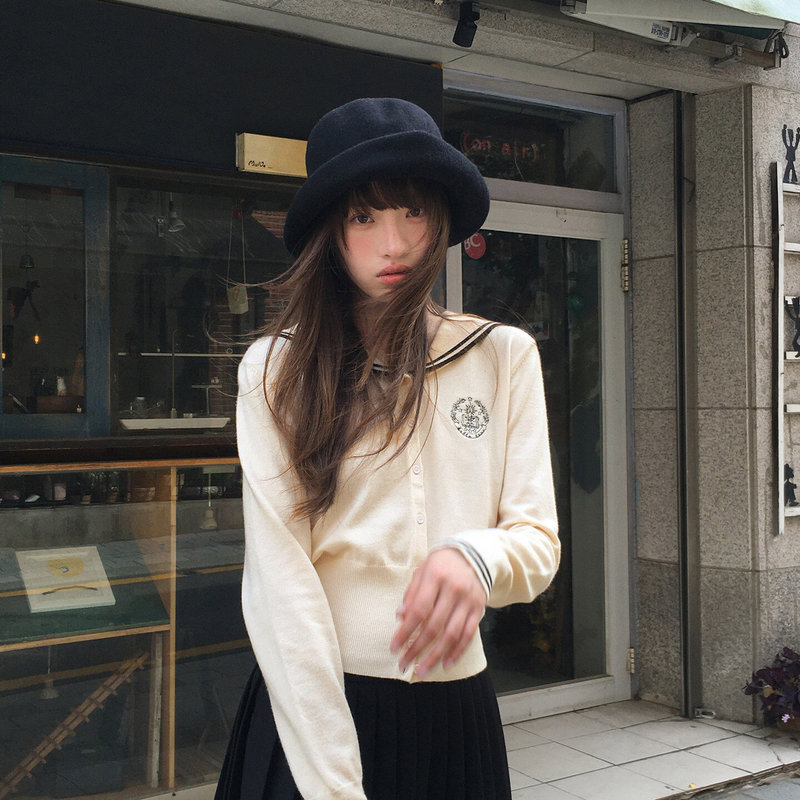 Junior's Diary! Embroidered Navy Collar Slim Fit Knit Cardigan Junior's Diary! Embroidered Navy Collar Slim Fit Knit Cardigan