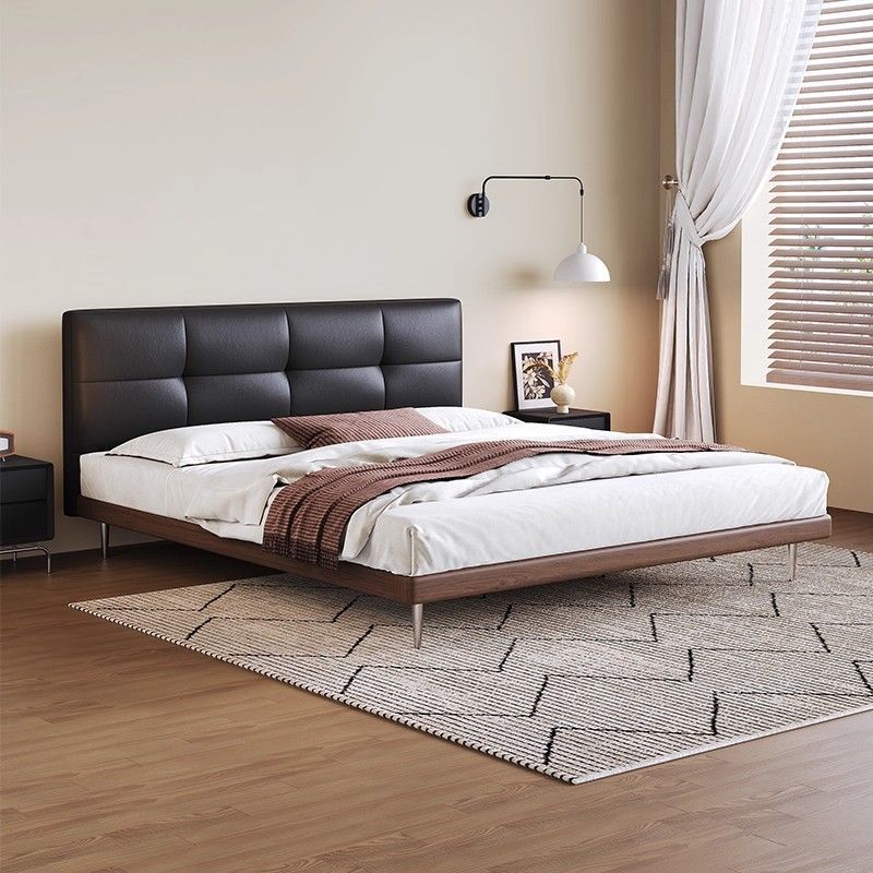 New Black Leather Bed Black Retro Master Bedroom Bed Italian Minimalist Thin Bedside Bed Simple Modern Style Edge-To-Edge Bed
