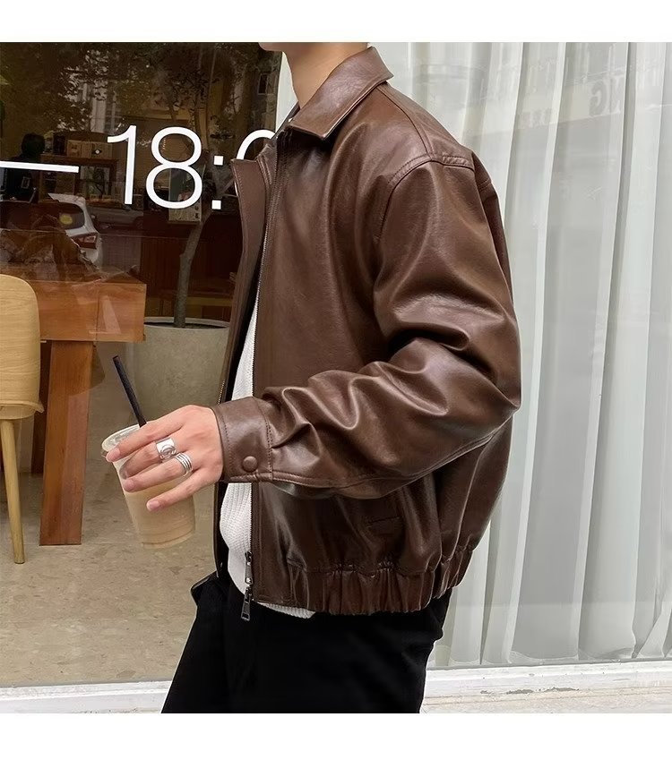 Vintage Short Leather Jacket Men's Loose Locomotive Suit Trendy Brand Pilot Leather Jacket Jacket_viptrois.com