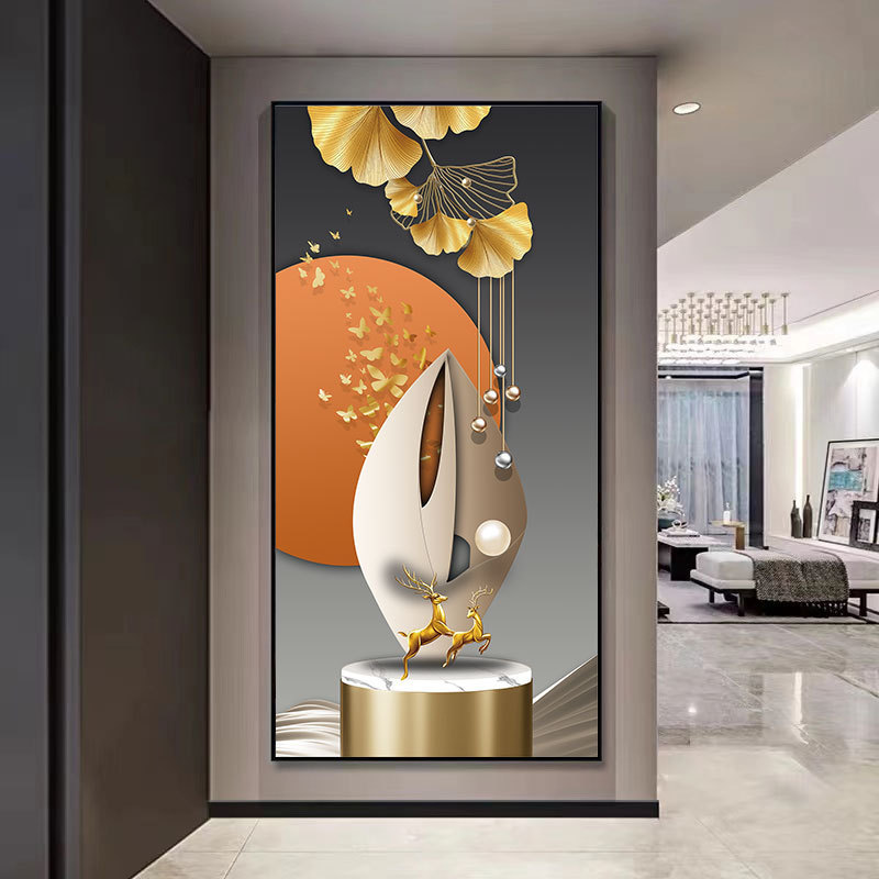 Pintura decorativa de vestíbulo de lujo ligero de alto nivel de alce hojas doradas pasillo colgar pintura de la sala de patrón colgar pintura suave