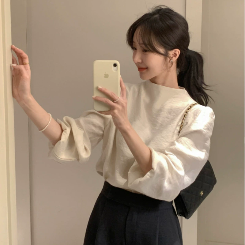 Французская ретро элитная стильная элегантная простая универсальная однотонная рубашка с длинными рукавами и круглым вырезом с пышными рукавами, модный женский топ