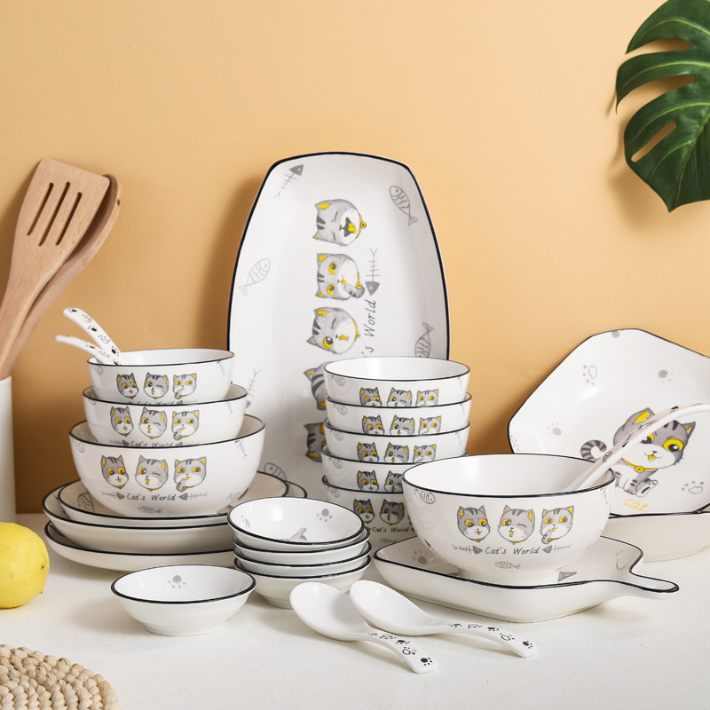 可爱陶瓷碗卡通汤碗面碗简约家用饭碗北欧家用餐具菜盘子鱼盘清仓