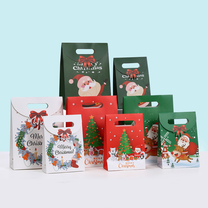 圣诞节翻盖手提袋牛皮纸纸袋蝴蝶结手提袋粘扣手提包装袋购物袋