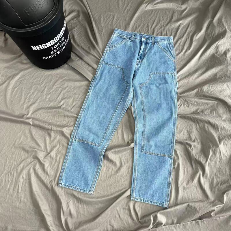 One-Piece Drop-Shipping American Retro Trendy Washed Double-Knee Jeans Crht Heavyweight B01 Straight-Leg Casual Pants