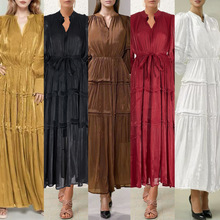 大量现货土耳其度假风情纯色真丝半开领多层褶皱长款连衣裙五色