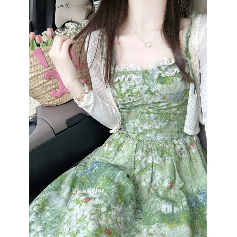 法式复古温柔风蕾丝花边油画碎花吊带连衣裙2025夏季收腰气质长裙|undefined
