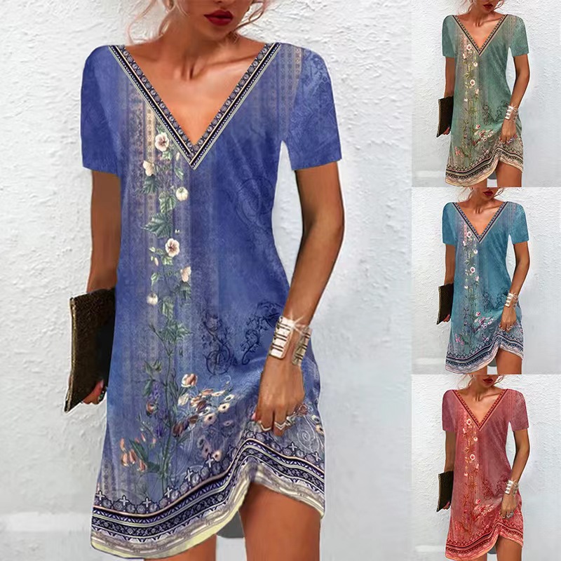 172g Weight Knee-Length Dress Length Type Short Sleeve Sleeve Length Pencil Skirt Dresses Type Wholesale Women'S Vintage Style Printing Ditsy Floral Street U Neck Short Sleeve Pencil Skirt