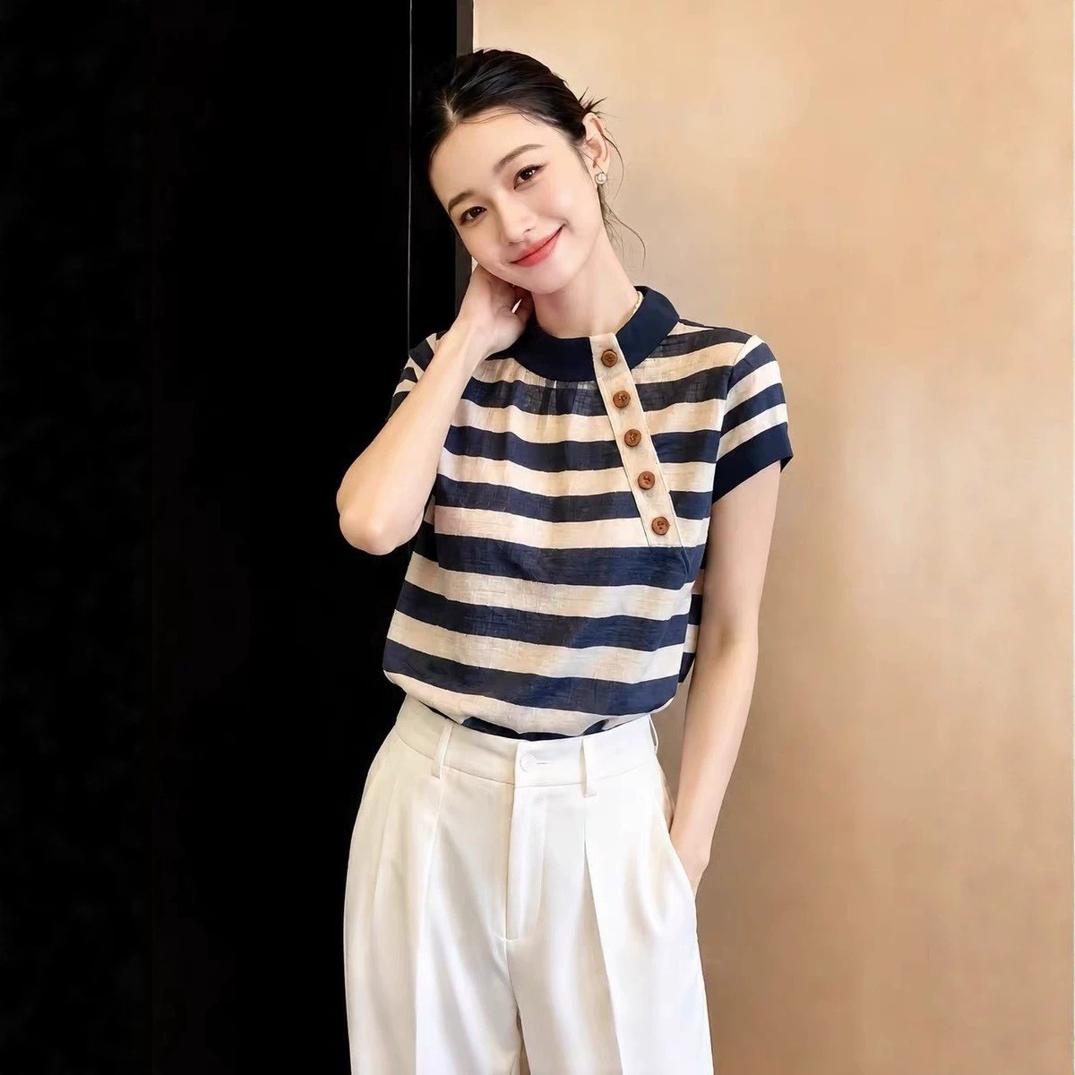 Áo thun nữ cổ tròn sọc ngang tay ngắn phong cách Hàn Quốc — sọc chi tiết 4