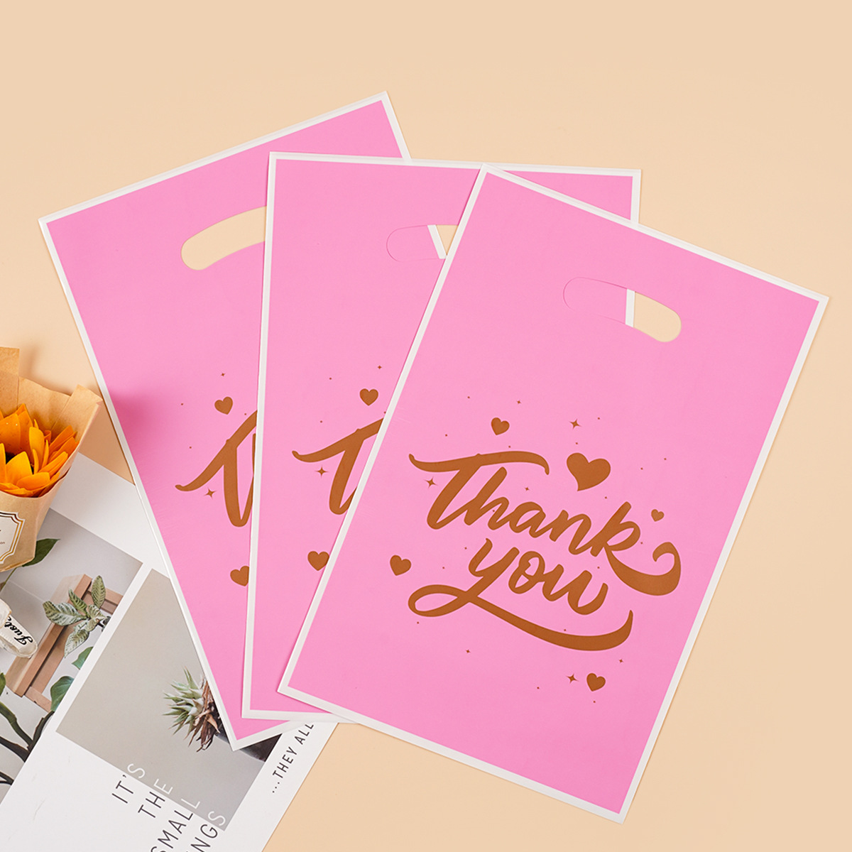 跨境新款首发thank you珠光膜手提袋糖果饼干休闲食品包装袋