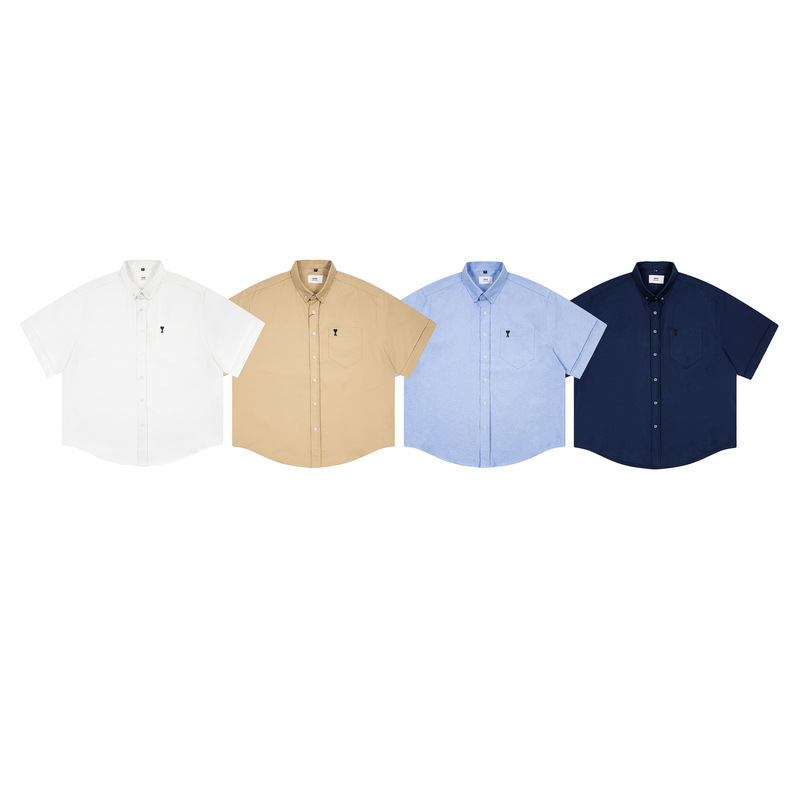 Ami Short-Sleeve Shirt with Black Small Heart Embroidery, 2026 New Model, Cross-Border Loose-Fitting Couple's Shirt, Cardigan Top Ami Short-Sleeve Shirt with Black Small Heart Embroidery, 2026 New Model, Cross-Border Loose-Fitting Couple's Shirt, Cardigan Top