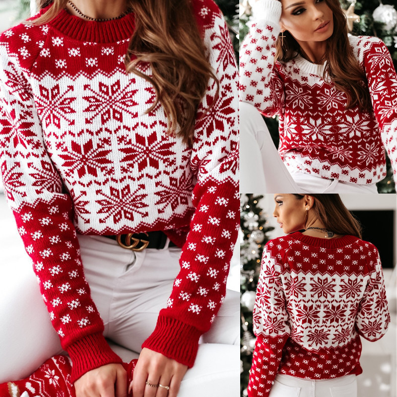 Christmas Snowflake Long Sleeve Knit Sweater - Perfect for Layering