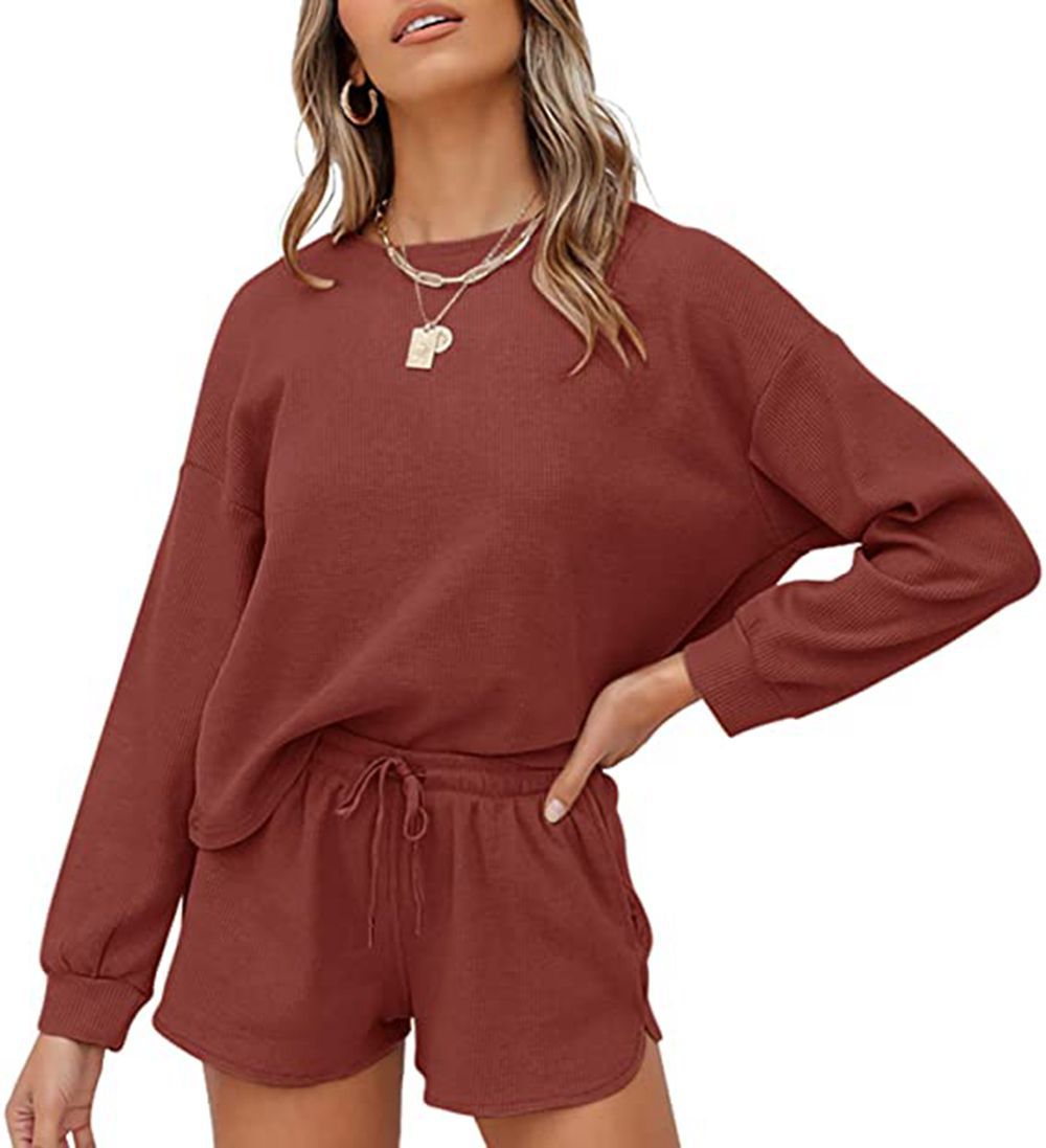 2021 Amazon Fall Women's Waffle Knit Long Sleeve Top And Shorts Pullover Pajama Set With Pockets