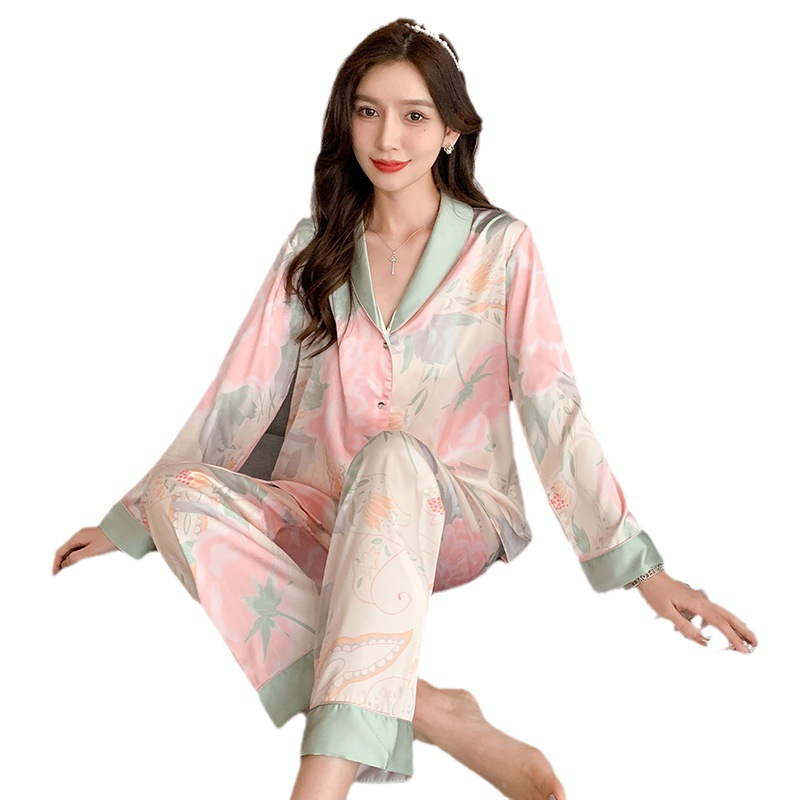 Elegante pijamas de seda artificial de manga larga para mujer de alto grado de seda de hielo suelta de dos piezas ropa para el hogar otoño transmisión en vivo entrega de una pieza