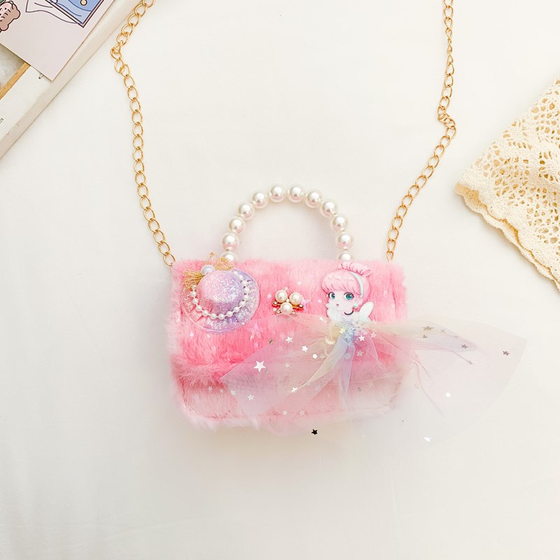 2025 nueva pequeña bolsa de niños de viento de fragancia, mini bolso de perlas, lindos bebés princesas bolso de hombro de peluche