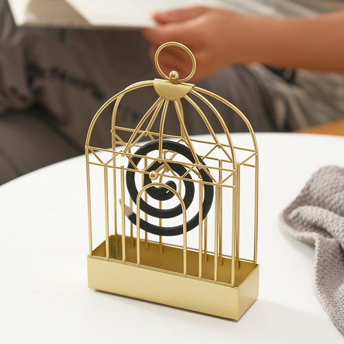 Creative Nordic birdcage wrought iron mosquito coil holder with gray plate household mosquito coil plate golden black home accessories