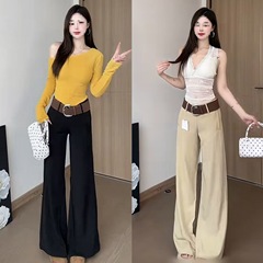 黑色中腰2025休闲裤女春夏卡其长裤宽松阔腿裤拖地喇叭裤灰灰色