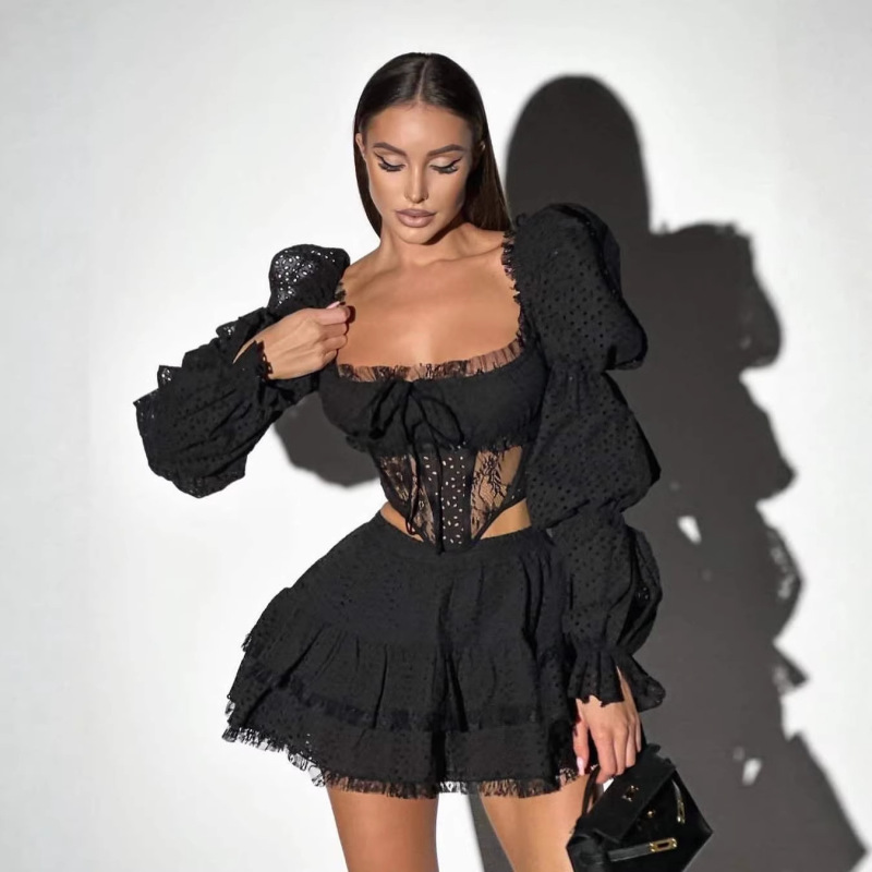 Cross-Border Party Wear Sexy High-End Style Women's Two-Piece Dress with Puff Sleeves and Elastic Waist Short Skirt for Spring and Summer Cross-Border Party Wear Sexy High-End Style Women's Two-Piece Dress with Puff Sleeves and Elastic Waist Short Skirt for Spring and Summer