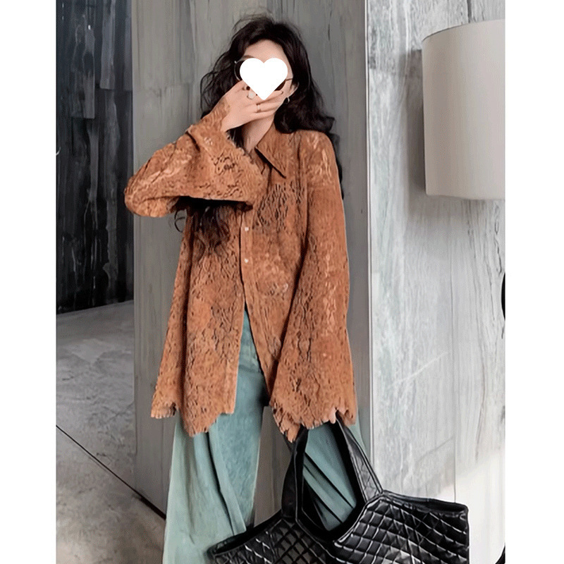This Year's Trendy Chic and Beautiful Blouse with a Unique Design in Niche Coffee Color with Bell Sleeves and Lace Sun Protection Shirt for Summer New Arrivals