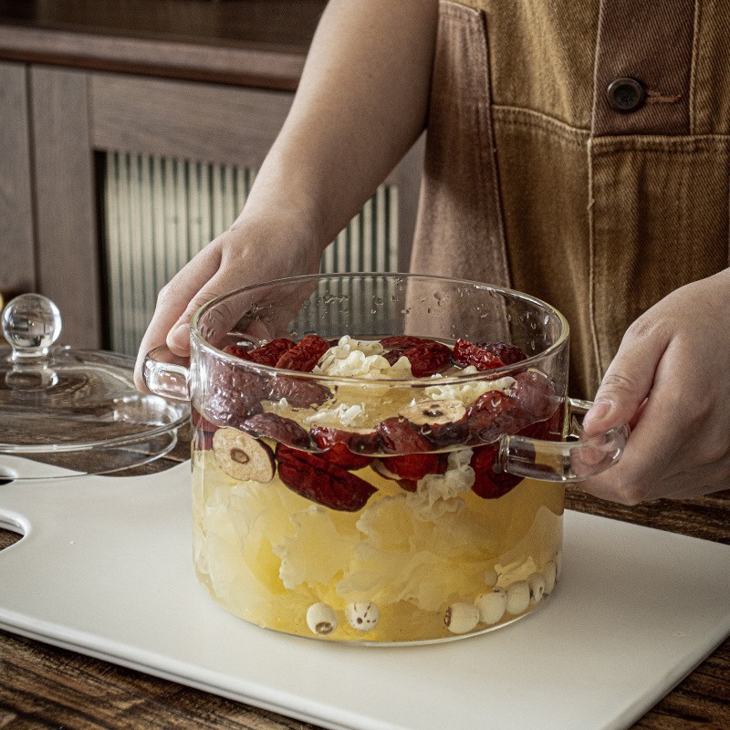 Olla de vidrio binaural de alto valor Olla de estofado transparente de gas resistente al calor de alta temperatura olla de sopa saludable olla de fideos instantáneos al por mayor