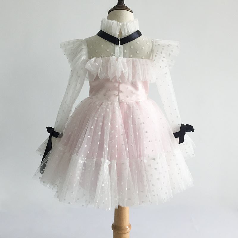 Nuevo Comercio exterior vestido de novia para niños europeos y americanos malla de manga larga para niñas Rendimiento De Cumpleaños princesa vestido MIDI verano