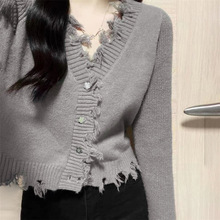 灰色开衫毛衣女秋冬季新款设计感小众毛边辣妹小个子短款外套批发