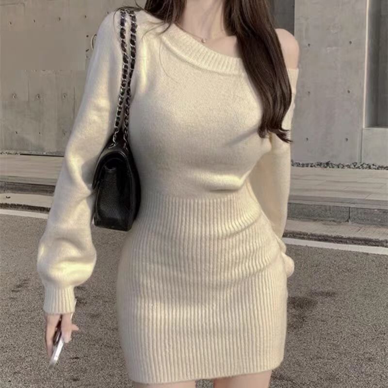 in stock 2025 Spring New One-shoulder Knitted Sweater dress Base Skirt Hip Skirt Skirt Skirt