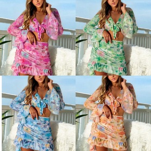 Amazon cross-border new printed ruffled hip tight skirt sexy careful machine four-piece cross-border