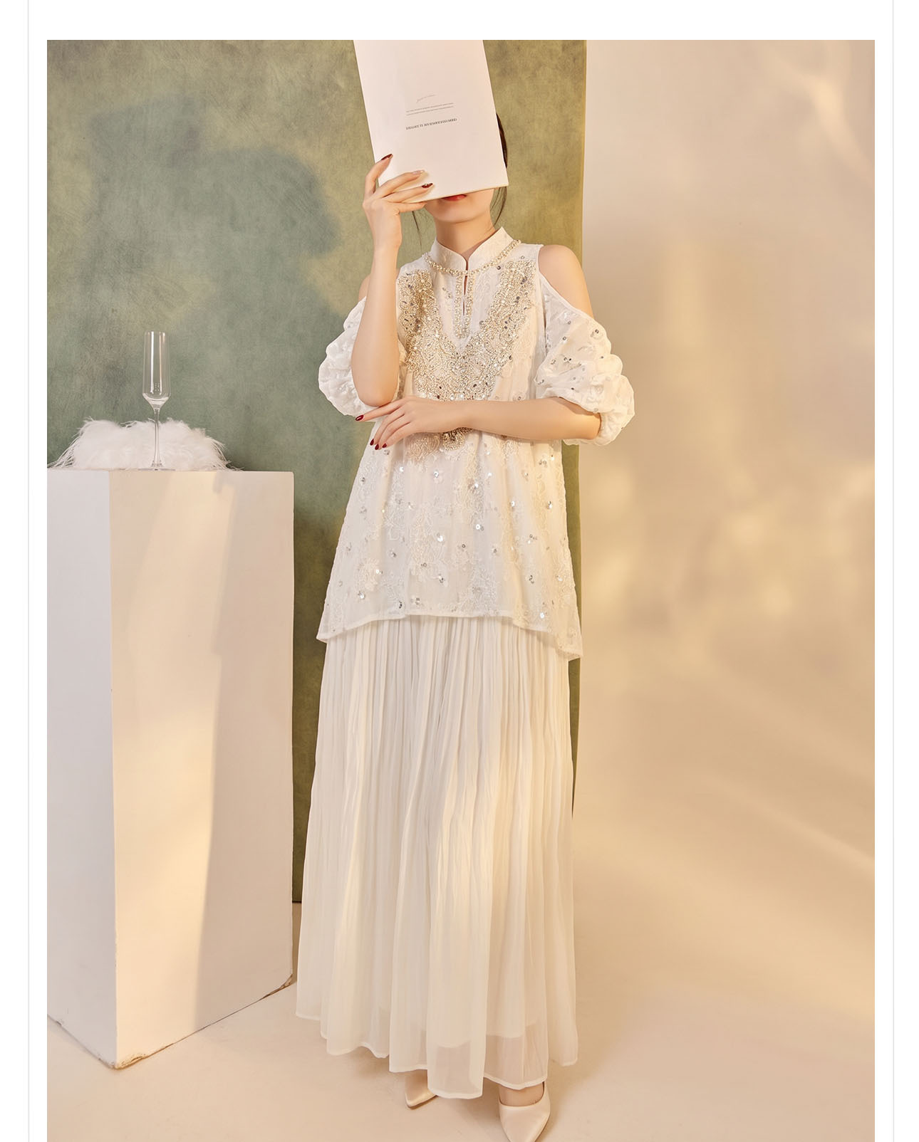 Đầm maxi tay bong bóng mở rộng vai — Tuyết Xanh, Aurora trắng chi tiết 5